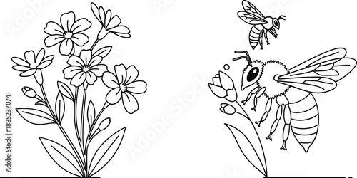 Simple black and white line art illustration featuring a plea to save the bees alongside detailed drawings of flowers and busy insects symbolizing nature's vital connection.