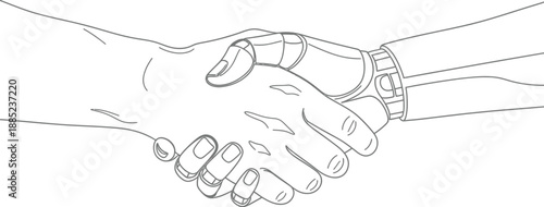 Line art illustration depicting a crucial agreement or partnership being sealed between a human hand and an advanced robotic prosthetic hand, symbolizing future technology integration.