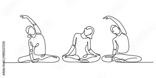 Simple single continuous line drawing of three people meditating and stretching in yoga poses