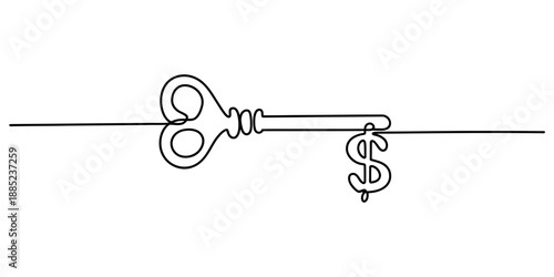 Continuous line drawing of a key with a dollar sign symbolizing financial success