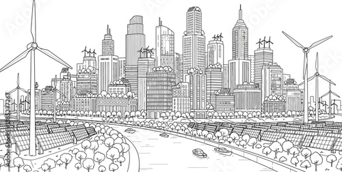 Detailed black and white line art illustration showcasing a futuristic clean energy smart city skyline featuring numerous solar panels and massive wind turbines generating power.