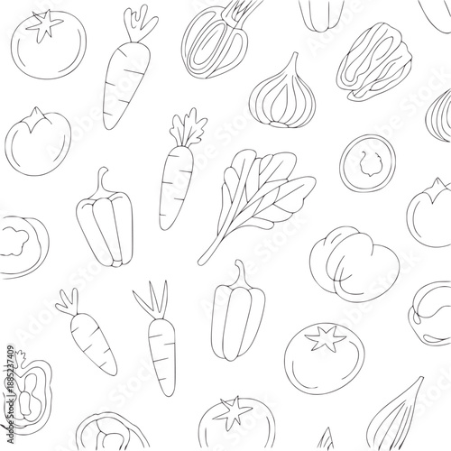 Black and pattern of assorted vegetables a tomato carrot bell pepper onion