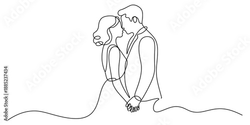 Minimalist single line drawing portraying a romantic couple holding hands in a loving embrace