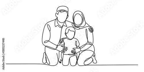 Single continuous line art drawing of a happy muslim family with father, mother, and child
