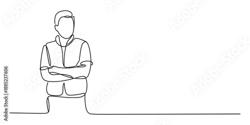 Continuous line drawing of a standing man with crossed arms on a white background
