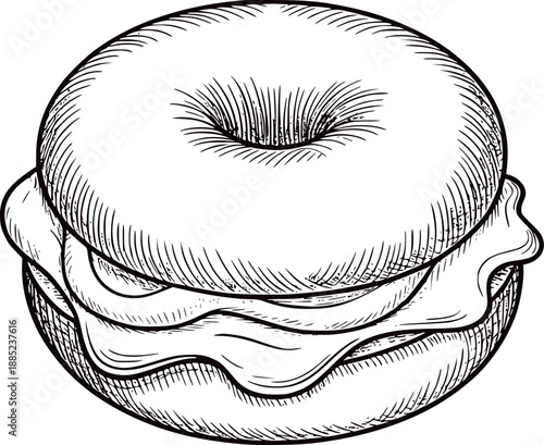 Detailed pen and ink of a bagel sandwich with creamy filling