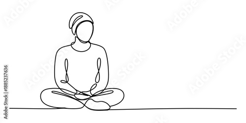 Minimalist continuous line art drawing of a person sitting in a peaceful meditation pose