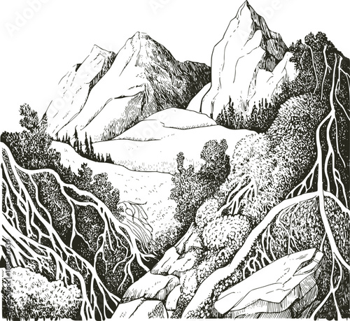 Detailed pen and ink of a mountainous landscape with exposed tree roots mountains