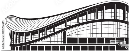 Modern architectural drawing of a grand stadium building with a distinct wavy roofline