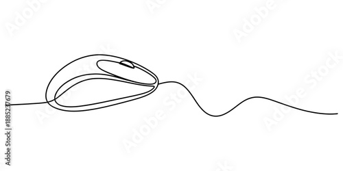 A minimalist single continuous line drawing of a computer mouse on a white background