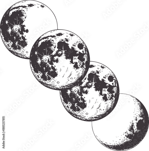 Four detailed pen and ink of the moon in various phases lunar celestial space