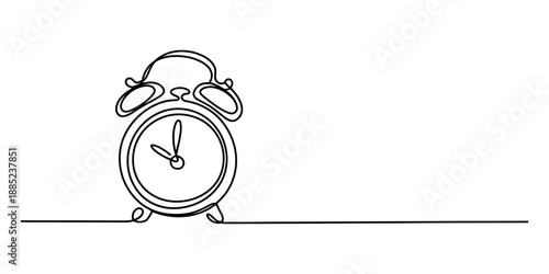 A minimalist single continuous line drawing capturing the essence of a vintage alarm clock