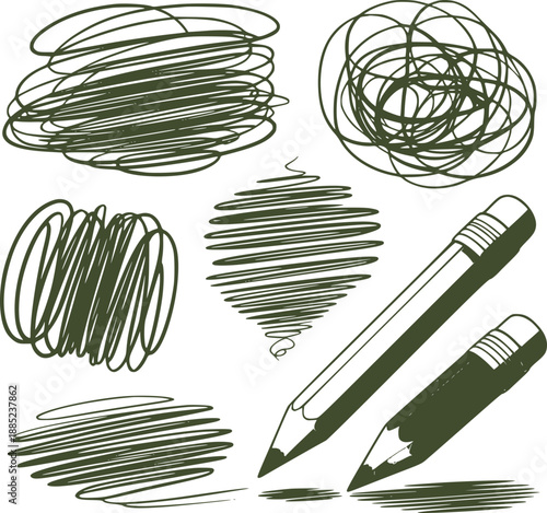 Green scribbles and pencils abstract chaos