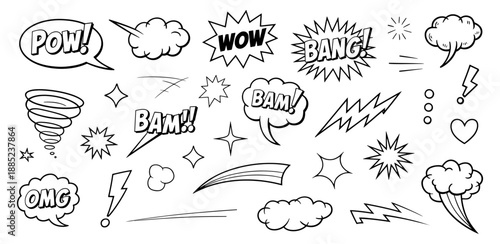 set of hand drawn sketch of pow bang wow