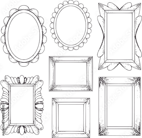 Hand drawn collection of ornate and simple frames oval rectangle