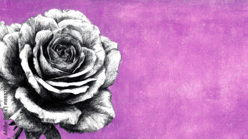 Naklejka premium Black-white rose drawing on purple background