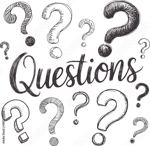Hand drawn of the word Questions surrounded by question marks