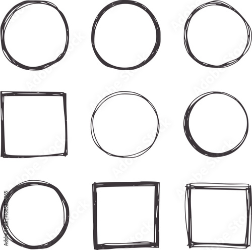 Hand drawn sketchy circles and squares in dark gray handdrawn frame