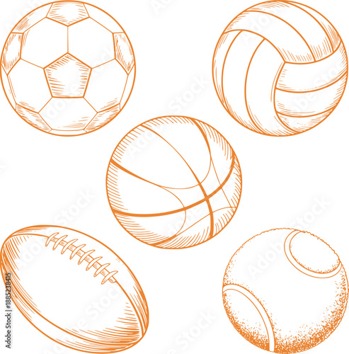 Style orange sports balls collection soccer volleyball basketball football tennis