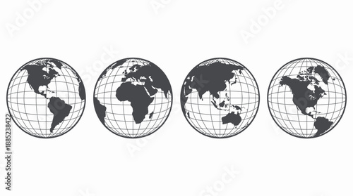 Four dark gray vector earth globes showing different continents and gridlines, concept for global business, international communication and geographic education