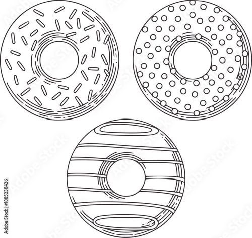 Three black and donuts with different toppings sprinkles dots