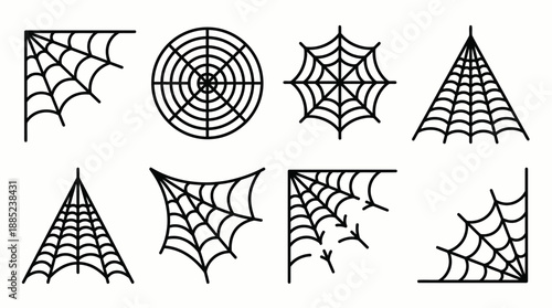 Set of eight black outline vector spider web icons showing corner, triangular and circular net shapes on white, concept for Halloween decorations, spooky party posters and website graphic elements