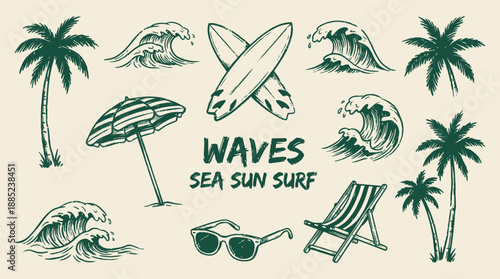 Retro summer collection features grunge surf elements: palm trees, breaking waves, crossed surfboards, chair and umbrella, concept for travel posters, t-shirt design and seaside branding