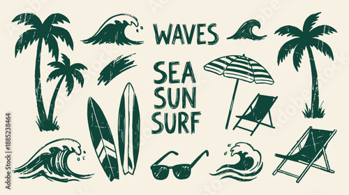Grunge vector illustrations of summer beach elements including palms, waves, surfboards, deck chairs and sunglasses, concept for summer posters, holiday invitations and apparel design