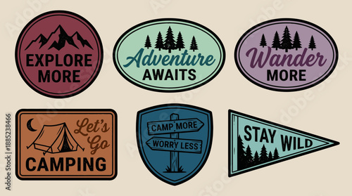 Set of six vintage vector badges illustrating mountains, trees and outdoor adventure slogans, concept for merchandise design, travel company identity and camping event flyers