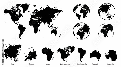 Black vector world map, multiple globe views and seven distinct continent silhouettes on a white backdrop, concept for global marketing campaigns, educational resources and corporate identity branding