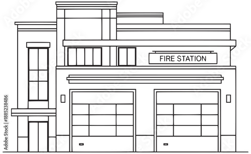 Modern Fire Station Building Outline with Multiple Emergency Vehicle Bays