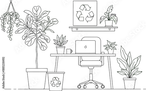 Minimalist line art illustration depicts an eco conscious home office setup featuring numerous potted plants and a prominent recycling symbol graphic on the wall