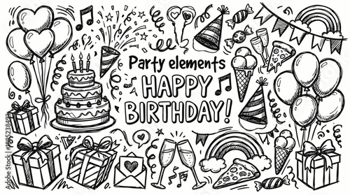 Hand-drawn birthday doodle set with cake, gifts, balloons, party hats and confetti, concept for invitation design, greeting cards and event promotion banners