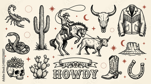 Engraved vector set of Western lifestyle elements: cowboy, bull, horse, cactus, skull, snake, boot and jacket, concept for vintage print, apparel design and rodeo event promotion