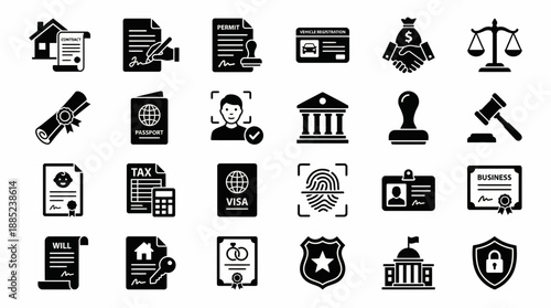 Solid black icons representing legal documents, ID cards and official government administration elements, concept for legal compliance, identity management and business documentation
