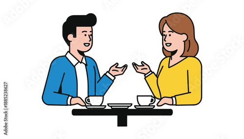 Man and woman talking at table sharing ideas over coffee cups in simple cartoon illustration style