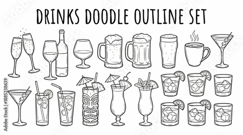 Comprehensive black outline doodle set illustrating diverse drinks including wine, beer, cocktails and coffee, concept for menu design, beverage packaging and adult coloring books