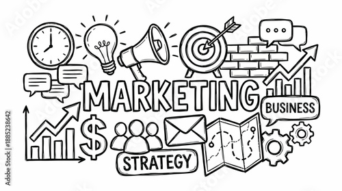 Hand-drawn doodle of marketing and business elements, concept for corporate planning, digital advertising and teamwork presentation