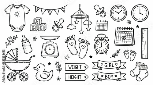 Detailed line art doodle collection of newborn essentials including scales, stroller, pacifier and clocks, concept for baby shower invitation, nursery decor and motherhood blogs