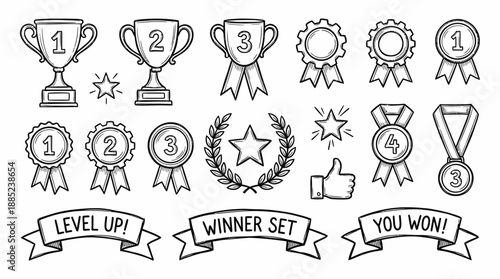 Doodle vector set of victory symbols including trophies, award ribbons, medals and success banners, concept for sports competition, business rewards and gaming interface design