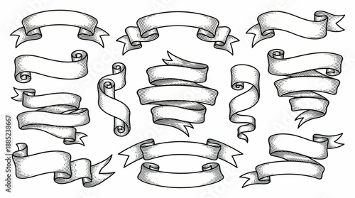 Set of detailed blank vintage ribbons and scrolls in black and white woodcut engraving style, concept for graphic design elements, decorative scroll frames and retro announcement headers