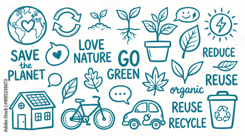 Doodle set of eco icons featuring planet Earth, plants, recycle symbols, solar house and electric car, concept for environmental awareness, ecological promotion and sustainable living education