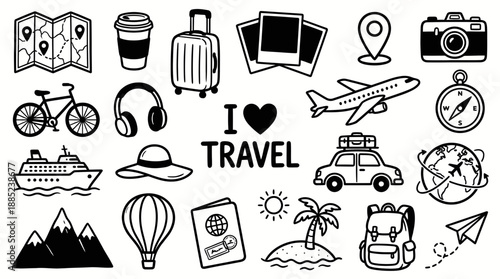 Hand-drawn black and white travel vector icons including map, plane, suitcase and "I Love Travel" text on white background, concept for tourism branding, vacation app UI and adventure posters