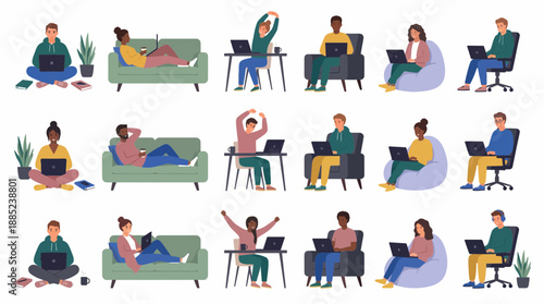 Large collection of diverse young professionals working remotely on laptops from home settings like sofas, chairs and desks, concept for modern employment, freelance careers and online learning