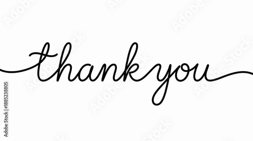 Black handwritten script text "thank you" in continuous line style isolated on a plain white background, concept for gratitude cards, customer appreciation and digital design resources