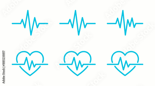 Six blue line art icons showing various ECG pulse traces and heartbeat symbols on a clean white background, concept for medical design, healthcare infographics and fitness applications