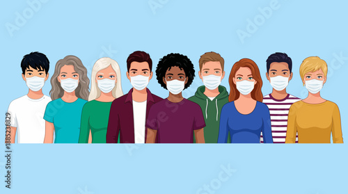 Diverse group of office workers and young professionals wearing protective medical masks on blue, concept for public health awareness, disease prevention campaign and corporate communication