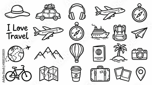 Doodle black outline vector icons set showing travel equipment like plane, map, passport and suitcase, concept for vacation planning, tourism branding and educational infographics