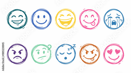 Colorful, hand-drawn sketch style set of 10 emoticons showing various feelings and moods on a white background, concept for social media feedback, rating systems and customer reviews