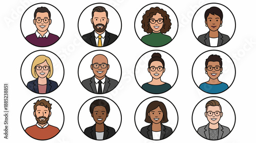 Diverse set of 12 cartoon avatars featuring professional employees including managers and executives, concept for team organization, corporate directory and social media profile icons